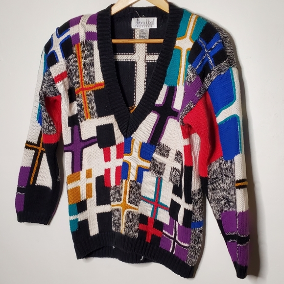 Basquiat-Inspired 80s Eclectic Geometric Multicolor Sweater with Deep V-Neck - Picture 5 of 12